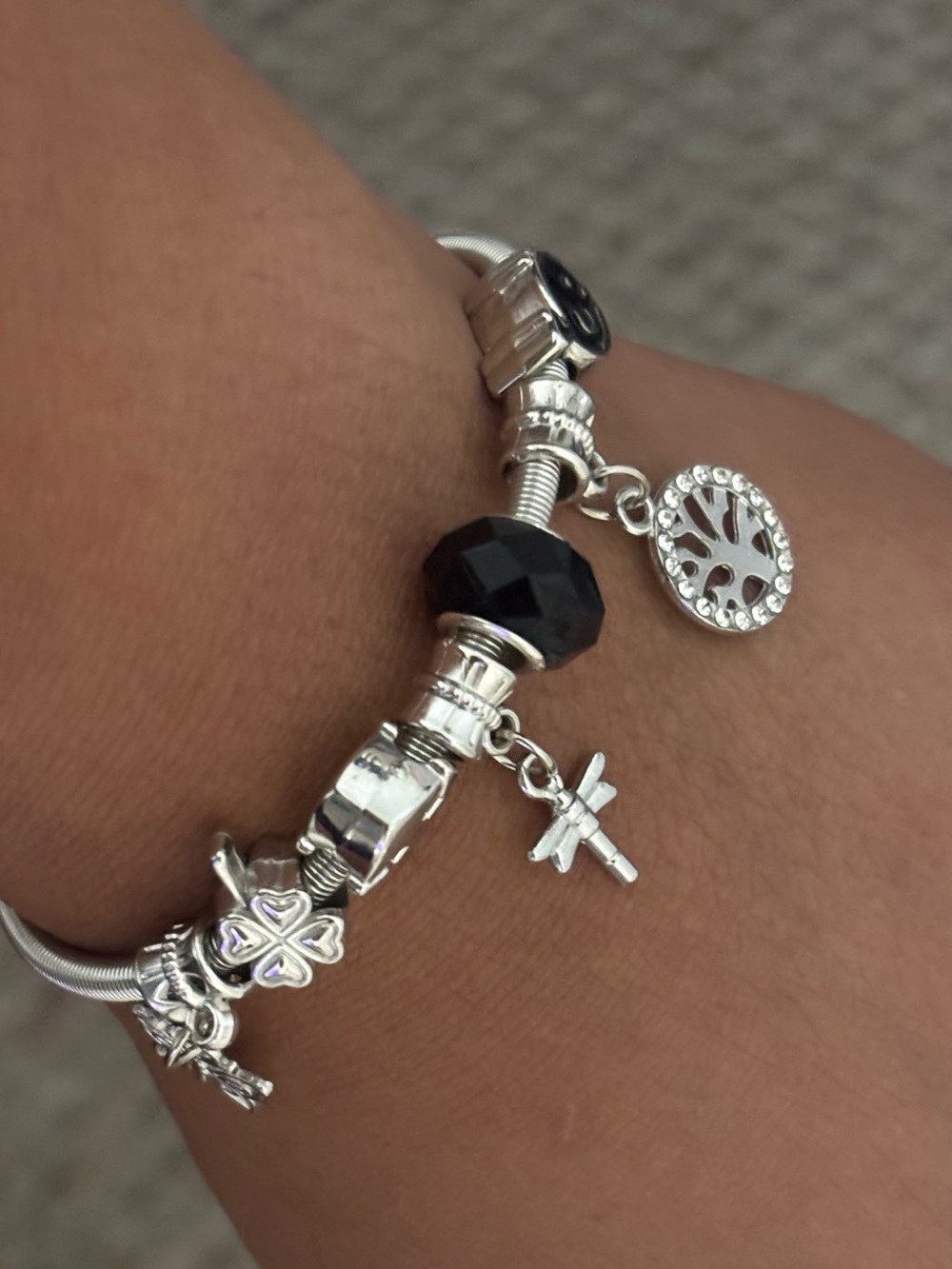 Silver Charm Bracelet with Black Faceted Bead and Tree of Life Charm